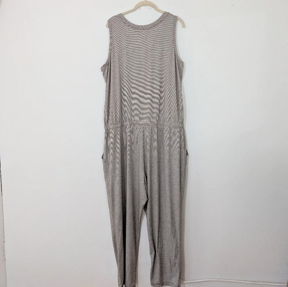 LOGO Lori Goldstein Striped Henley Sleeveless Jumpsuit Space Dye Beige Black 1X